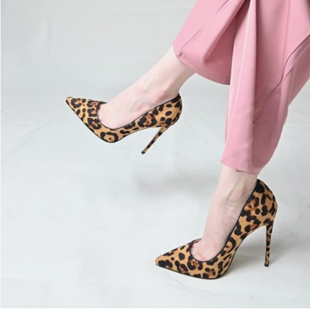 FSJ Leopard Print Pointed Toe Stiletto Pumps - Tan Black